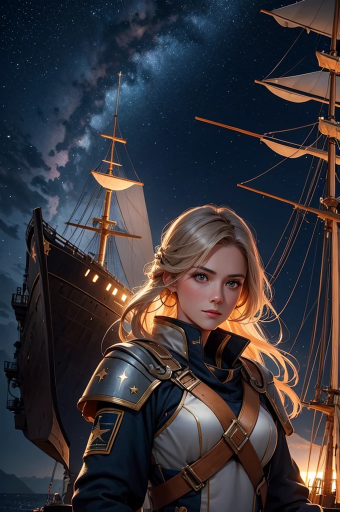 create an image of a female commander in front of a ship with a starry sky