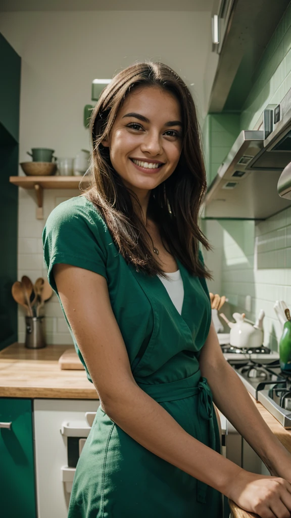 smiling person in a green kitchen