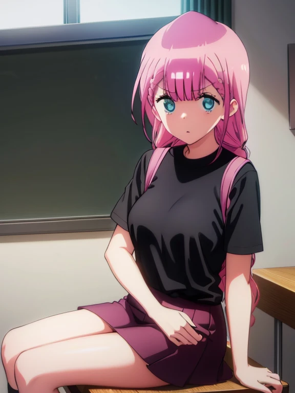 mafuyu kirusu sitting in bench, black t-shirt, sexy body and curves, black thighs, visible shoulder, blur crystal eyes, blue eyes, braid, long hair, twin braids, pink hair, short skirt, BREAK looking at viewer, BREAK indoors, classroom, BREAK (masterpiece:1.2), best quality, high resolution, unity 8k wallpaper, (illustration:0.8), (beautiful detailed eyes:1.6), extremely detailed face, perfect lighting, extremely detailed CG, (perfect hands, perfect anatomy), angry face, seducing face, short t-shirt, visible hip and waist, black long socks