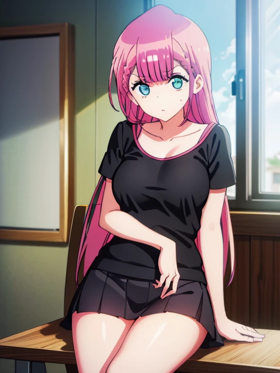 mafuyu kirusu sitting in bench, black t-shirt, sexy body and curves, black thighs, visible shoulder, blur crystal eyes, blue eyes, braid, long hair, twin braids, pink hair, short skirt, BREAK looking at viewer, BREAK indoors, classroom, BREAK (masterpiece:1.2), best quality, high resolution, unity 8k wallpaper, (illustration:0.8), (beautiful detailed eyes:1.6), extremely detailed face, perfect lighting, extremely detailed CG, (perfect hands, perfect anatomy), angry face, seducing face, short t-shirt, visible hip and waist, black long socks
