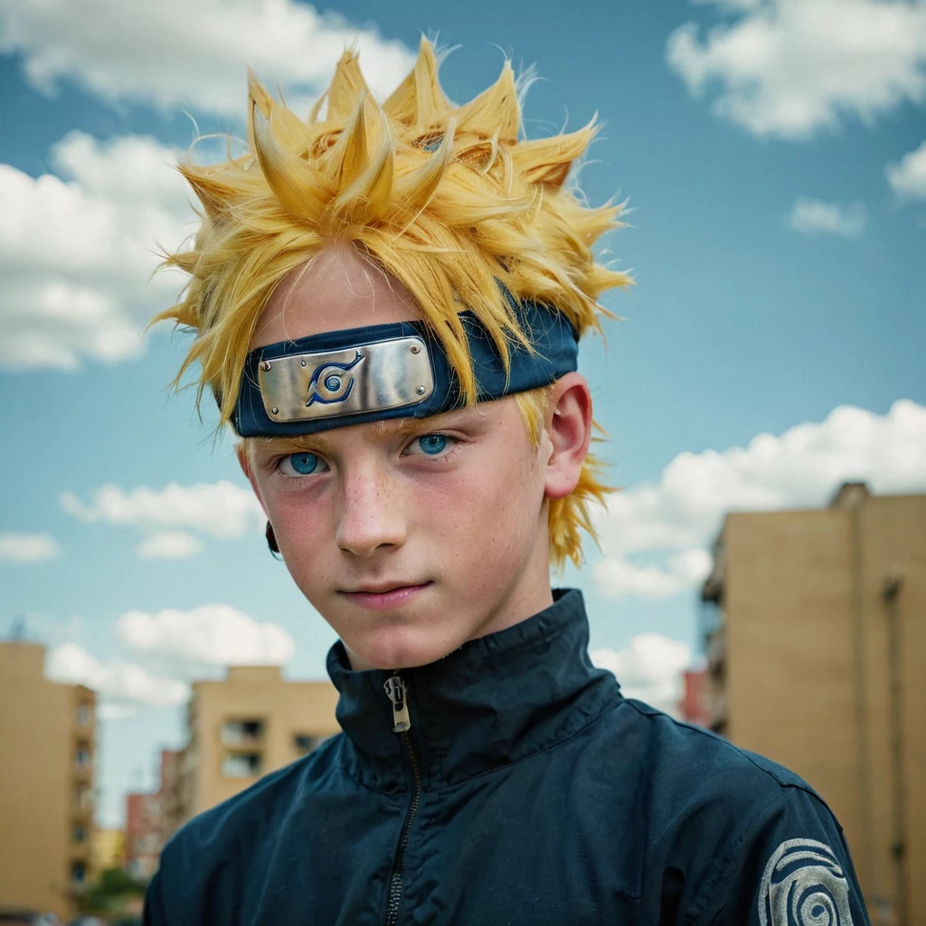 Portrait of a boy with yellow hair and blue eyes posing for a picture, naruto uzumaki, (highly detailed face:1.4) (smile:0.7) (background inside dark, moody, private study:1.3) POV, by lee jeffries, nikon d850, film stock photograph ,4 kodak portra 400 ,camera f1.6 lens ,rich colors ,hyper realistic ,lifelike texture, dramatic lighting , cinestill 800