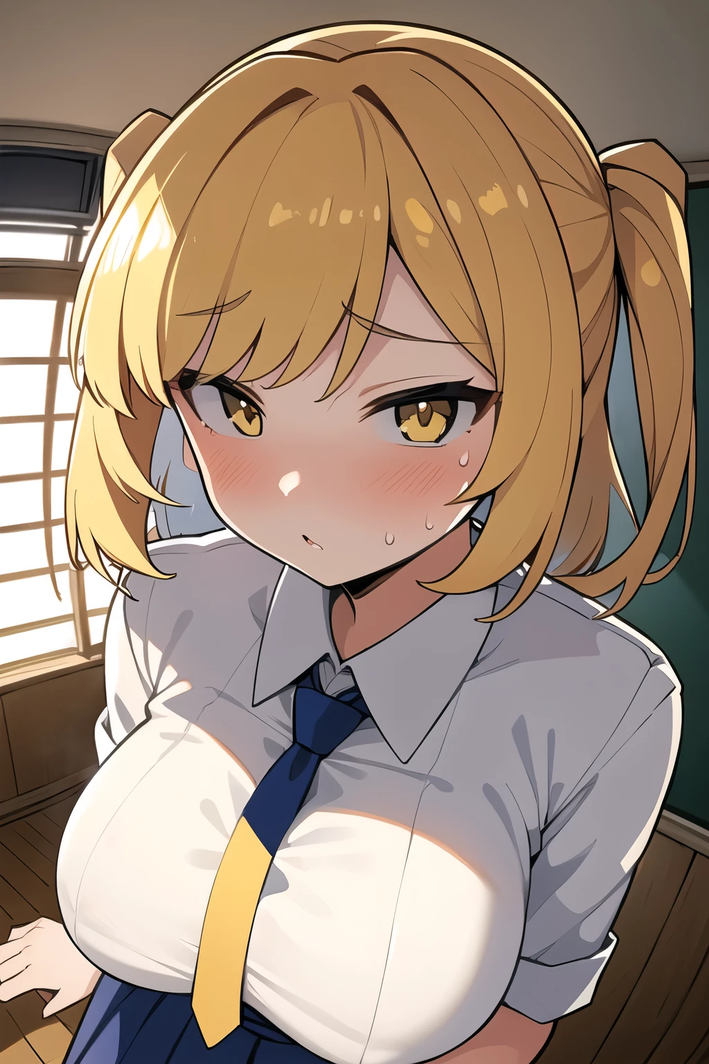 1 Female, Age 20,whole body,Standing,blonde perm hair,Gal,((face)), In the heat, Sulky face, Yellow Eyes,tits, White shirt,Navy blue tie,High quality anime, Vulgar,(90s Anime), ((Sweat)), Mastepiece, Ultra High Quality, High resolution, 8K, background: Realistic school classroom,Window,sunlight,((Fisheye Lens)),backgroundボケ,(Low - Angle),