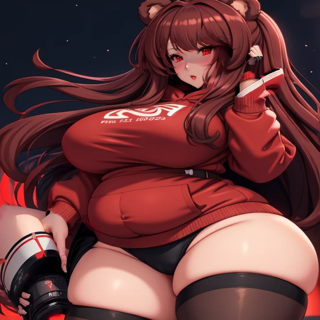 anime girl with a red hoodie and black stockings holding a can, thicc, , oppai, marin kitagawa fanart, kantai collection style, rin tohsaka, oppai proportions, trending on cgstation, anime moe artstyle, seductive anime girl, bbwchan, heavy looking, biomechanical oppai, large thighs