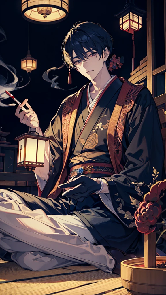 Holding the smoke pipe in your hand,Japanese style architecture,night,Lantern,Sitting,Smoke coming out of his mouth,indoor,high resolution,Handsome,youth,Beautiful depiction,Color Complement,Angle from below,Fantasy,Depicting the fine details of the face,