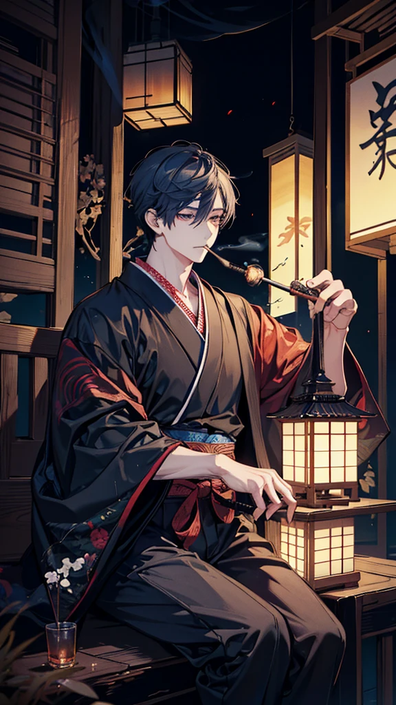 Holding the smoke pipe in your hand,Japanese style architecture,night,Lantern,Sitting,Smoke coming out of his mouth,indoor,high resolution,Handsome,youth,Beautiful depiction,Color Complement,Angle from below,Fantasy,Depicting the fine details of the face,