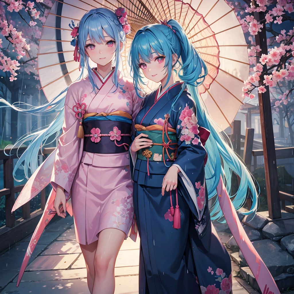 sky Blue hair, (braided ponytail),(pink eyes),fair skin ,(full body),(1 girl),smile,Straight Bangs,(masterpiece, best quality, ultra-detailed, best shadow), (detailed background), (beautiful detailed face), high contrast, (best illumination, an extremely delicate and beautiful), ((cinematic light)), colorful, hyper detail, dramatic light, intricate details,rain shower,kyoto,Japanese Umbrella,kimono,