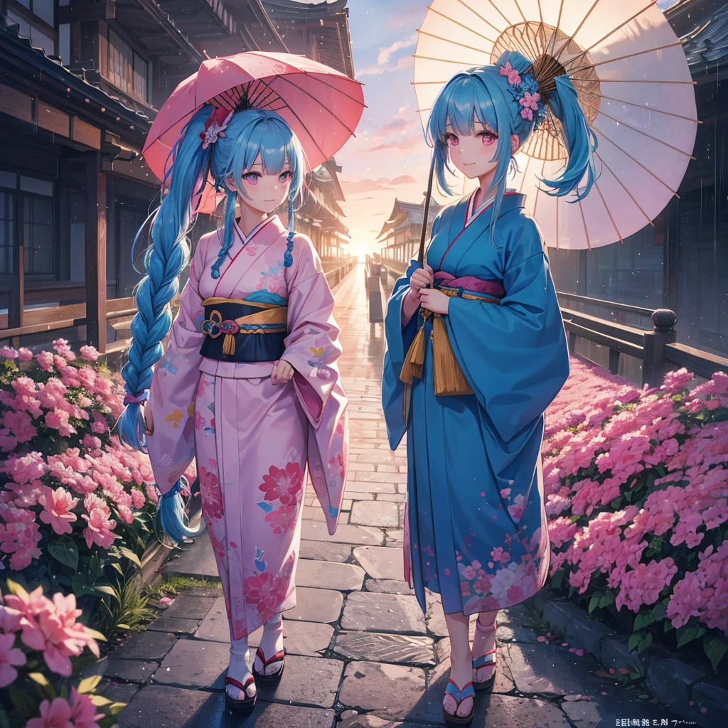 sky Blue hair, (braided ponytail),(pink eyes),fair skin ,(full body),(1 girl),smile,Straight Bangs,(masterpiece, best quality, ultra-detailed, best shadow), (detailed background), (beautiful detailed face), high contrast, (best illumination, an extremely delicate and beautiful), ((cinematic light)), colorful, hyper detail, dramatic light, intricate details,rain shower,kyoto,Japanese Umbrella,kimono,