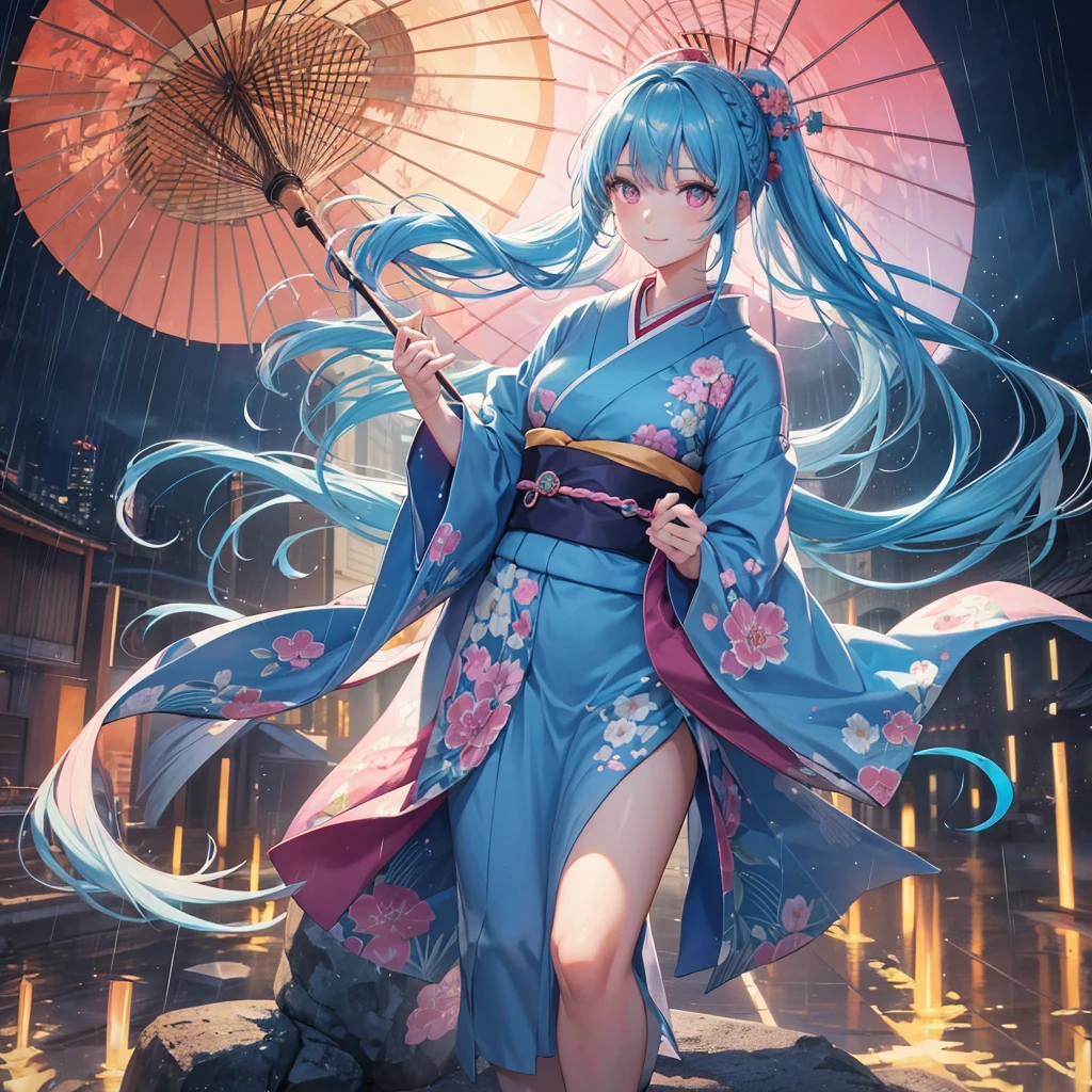 sky Blue hair, (braided ponytail),(pink eyes),fair skin ,(full body),(1 girl),smile,Straight Bangs,(masterpiece, best quality, ultra-detailed, best shadow), (detailed background), (beautiful detailed face), high contrast, (best illumination, an extremely delicate and beautiful), ((cinematic light)), colorful, hyper detail, dramatic light, intricate details,rain shower,kyoto,Japanese Umbrella,kimono,