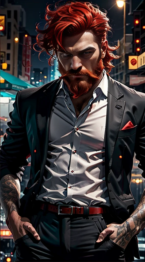 Red hair, broad shoulders, cigarette, mafia, Miami night, DJ, man, beard
