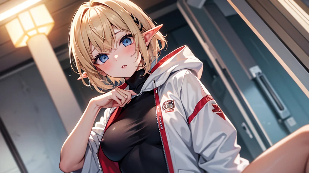 Tan Skin Elf、Portrait photo of a 20 year old woman、Sunset Beach、 detailedな背景画、Blue Eyes, detailedな目、detailedな手脚、White hoodie、particle、超detailed、Transcendently beautiful、Bright red lips, (masterpiece) (Highest quality) (detailed) (8K) (High resolution) (Cinema Lighting) (Sharp focus)、alone、Blonde、short hair、((blush: 0.8)), Natural skin texture, Transparent skin、Delicate hair ornament、Gym suit、Bloomers、Dripping Water、Clean sweat、