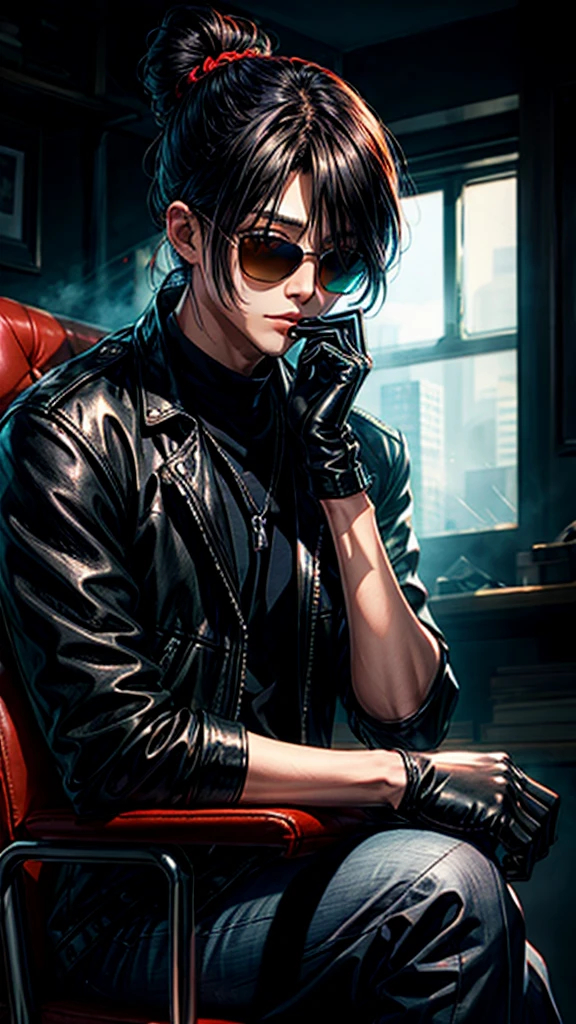 A stylish Korean man with long hair tied in a bun, wearing black round sunglasses, sitting on a chair in a dark setting, dynamic point of view, best quality, best color, very realistic, very detailed, dark clothes, very charismatic character, black leather gloves