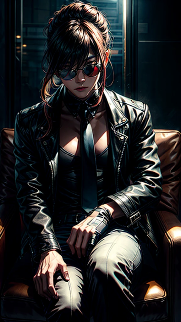 A stylish Korean man with long hair tied in a bun, wearing black round sunglasses, sitting on a chair in a dark setting, dynamic point of view, best quality, best color, very realistic, very detailed, dark clothes, very charismatic character, black leather gloves