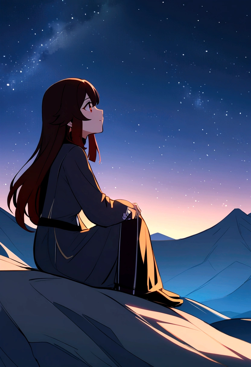 Chill, Landscape, Stars, on the mountain. Girl who's look like Hu tao from Genshin Impact Game, looking at the sky while she's sitting. Night, Shining.