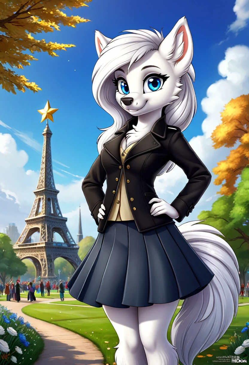 Hairy Women, arctic fox, mammal, Weaver, Weaver-pony, A beautiful furry fox girl is standing in a park posing against, She looks at the audience and smiles, Black Trench Coat, Short skirt, looking off to the side, Field of view, sky空, sky, Beautiful blue eyes, Award-winning illustrations|Popular on ArtStation, masterpiece|highly detailed|best quality|HD|8K|uHD|intricate details|extreme_detail