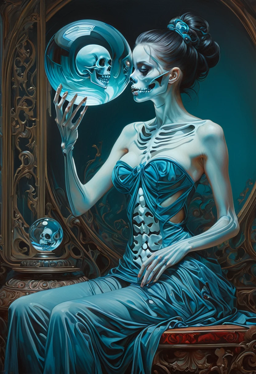 painting of a woman holding a skull and a glass ball, hauntingly beautiful art, james jean and wlop, adrian borda, karol bak and peter mohrbacher, intricate heterochromatic sad, james jean and peter mohrbacher, james jean andrei riabovitchev, jana brike art, skeleton girl, beeple and jeremiah ketner
