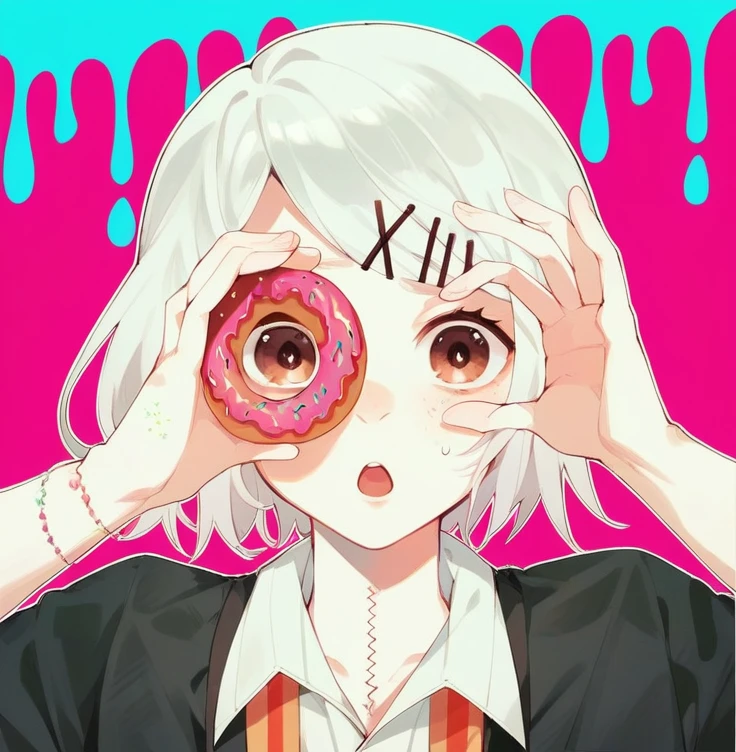 Young man riding white , with pins and a donut