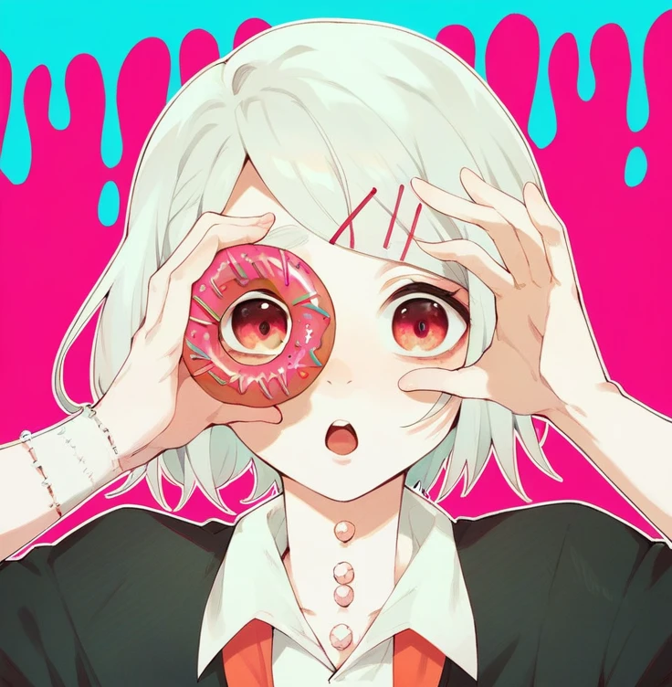 Young man riding white , with pins and a donut