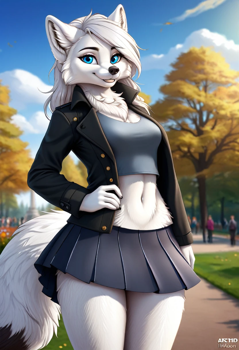 Hairy Women, arctic fox, mammal, A beautiful furry fox girl is standing in a park posing against, She looks at the audience and smiles, Black Trench Coat, Short skirt, looking off to the side, Field of view, sky空, sky, Beautiful blue eyes, Award-winning illustrations|Popular on ArtStation, masterpiece|highly detailed|best quality|HD|8K|uHD|intricate details|extreme_detail