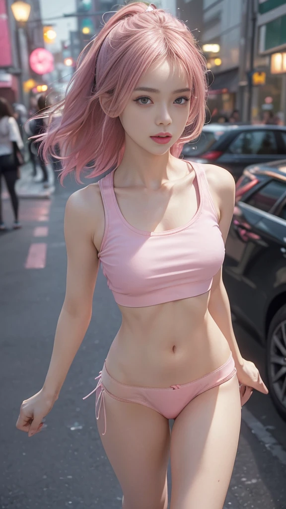 ((Realistic lighting, Best quality, 8K, Masterpiece: 1.3)), Clear focus: 1.2, 1 girl, Perfect Figure: 1.4, Slim Abs: 1.1, See through, tight clothing, ((Japanese)), (panties: 1.4), (Pink crop top: 1.4), (Outdoor, Night: 1.1), City streets, Super fine face, Fine eyes, Double eyelids,