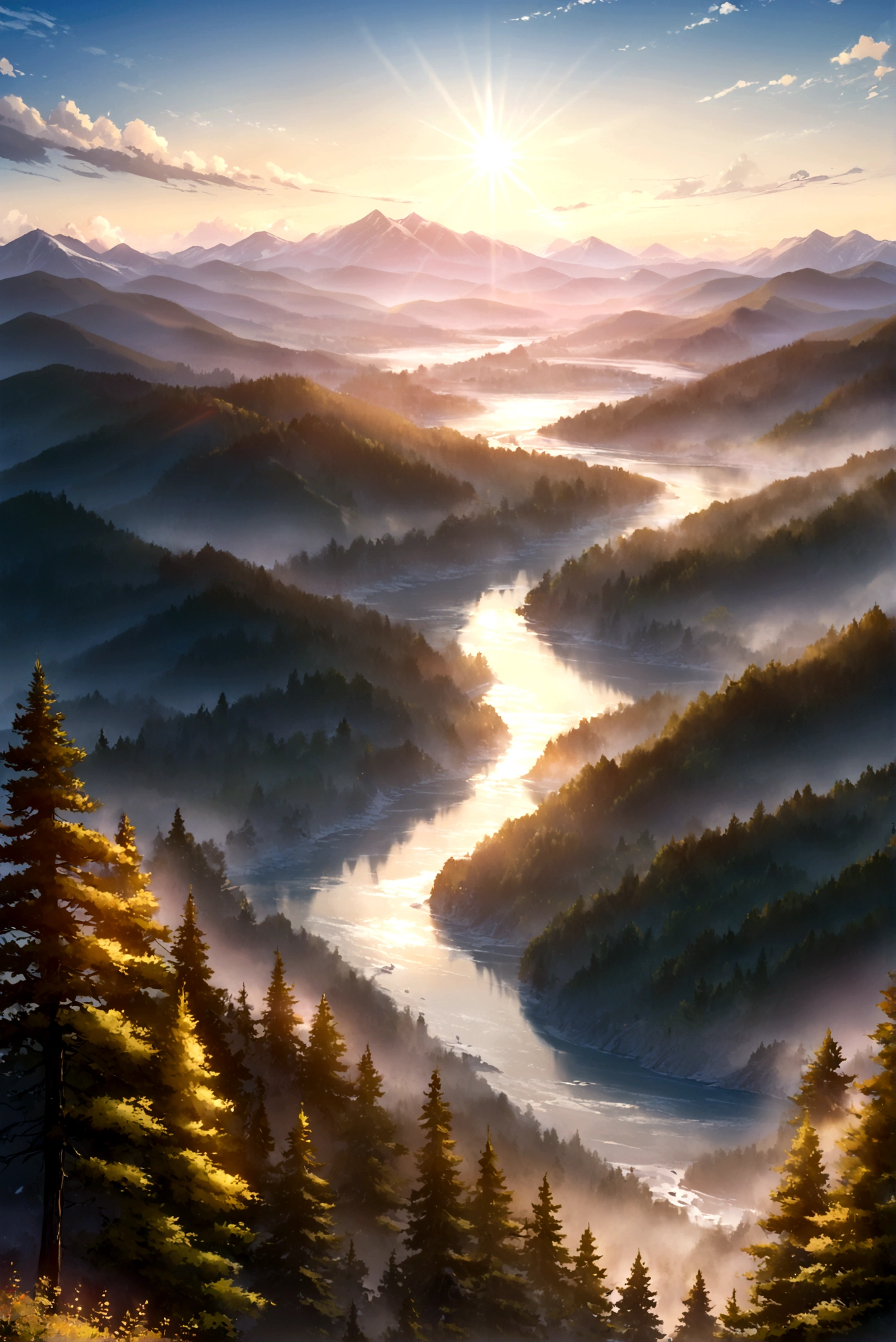 Detailed Background, masterpiece, Highest quality, landscape, Mountain, river, forest, sun, Day, cloud