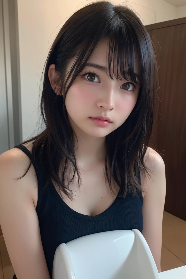 ((Upper Body:1.3)).Blown by the long wind [Blue-black:.3] hair,Looking at the audience, (Tabletop:1.3), (8K, Realistic, RAW Photos, Highest quality: 1.4), Japanese, (1 Girl), Beautiful Face, (Realistic face),{Wavy medium hair|Front hair long bob|short hair with long bangs}{Black hair|Brown hair|Blonde hair}, Beautiful hairstyle, Realistic eyes, Beautiful and beautiful eyes, (Realistic skin), Beautiful Skin, charm, Ultra-high resolution, Surreal, Very detailed, Golden Ratio,Female student peeing in the toilet、shame(Blushing:1.3)