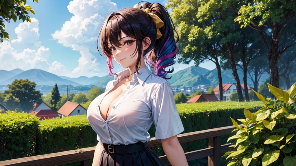 1girl, solo, summer, village, trees, sun, clouds, fantasy, ((colorful hair)), curly hair, ponytail, big full breasts, ((black blazer)), button down shirt, ((white shirt)), ((short sleeved shirt)), ((unbuttoned shirt)), unbuttoning buttons, cleavage 1:3, brown eyes, skirt, smile, looking at the viewer, standing, hair ribbon, golden necklate