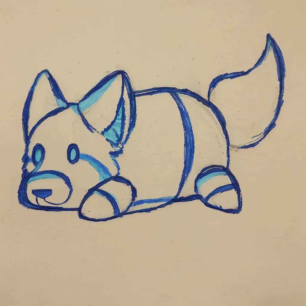 a drawing of a furry peluche of a blue colored wolf, laying down on a white surface, closed smile, high quality furry art, high quality furry ref, cute.