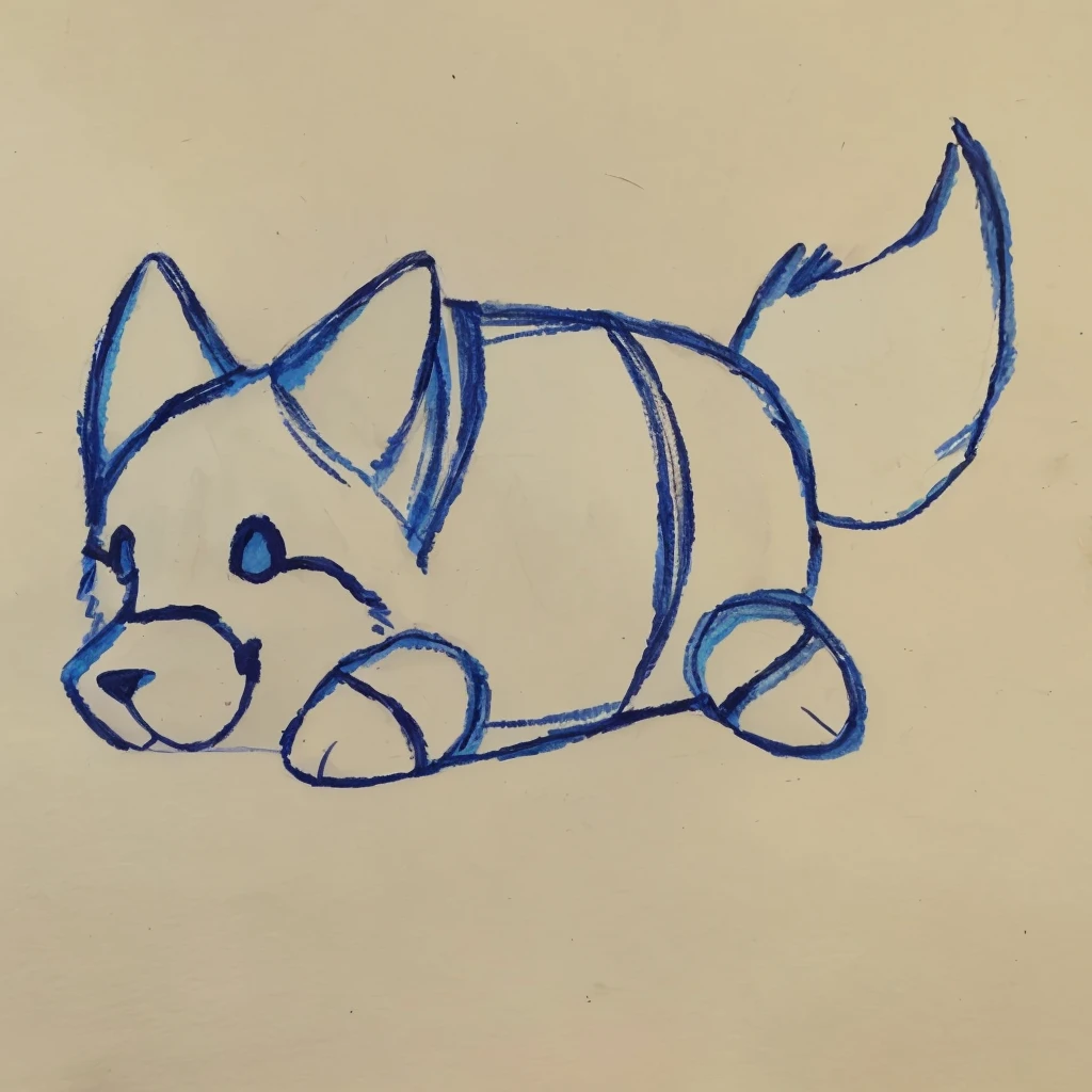 a drawing of a furry peluche of a blue colored wolf, laying down on a white surface, closed smile, high quality furry art, high quality furry ref, cute.