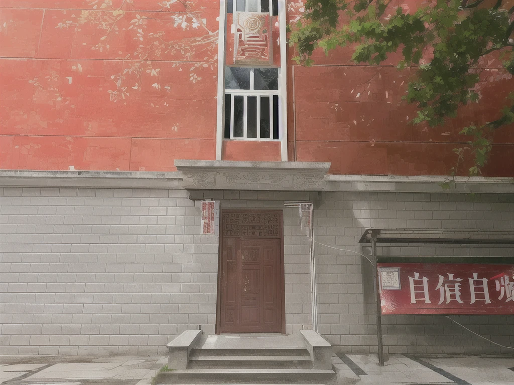 there is a 红色architecture with a red door and a sign on the front, 大而贫民的architecture, 老architecture, 红色architecture, Photo showing, 中国architecture, architecture外观, architecture, 整齐密集的architecture, 有植被的空置architecture, Neoclassical Bureau, 废弃architecture, An apartment with thick anime style，