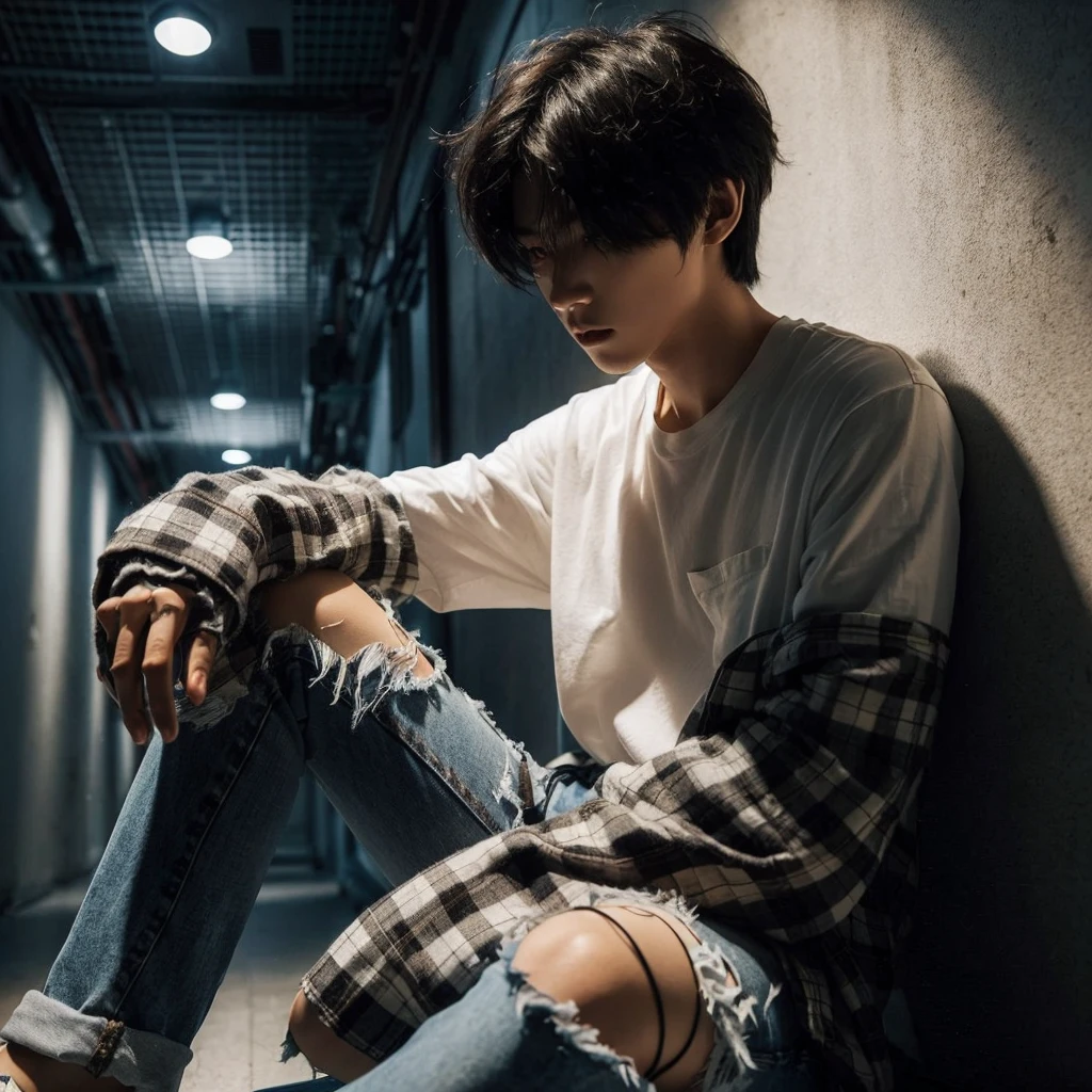 long shoot portrait, a 27-year-old Korean short mullet-haired man, wearing white shirts with flannel shirts torn blue jeans, ideal body, ideal height, sitting crouching on the floor leaning against a wall in a dark hallway with one light light, dim light, face down, realistic photo, ultra realistic, ultra-resolution, ultra-quality, ultra-resolution, ultra-resolution, very detail, 16k