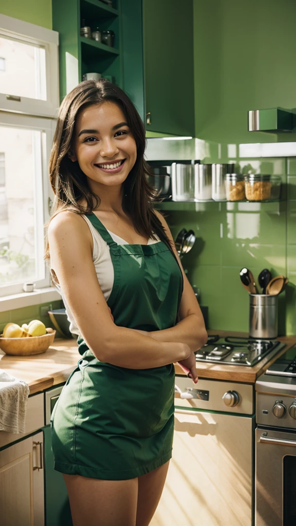 smiling person in a green kitchen