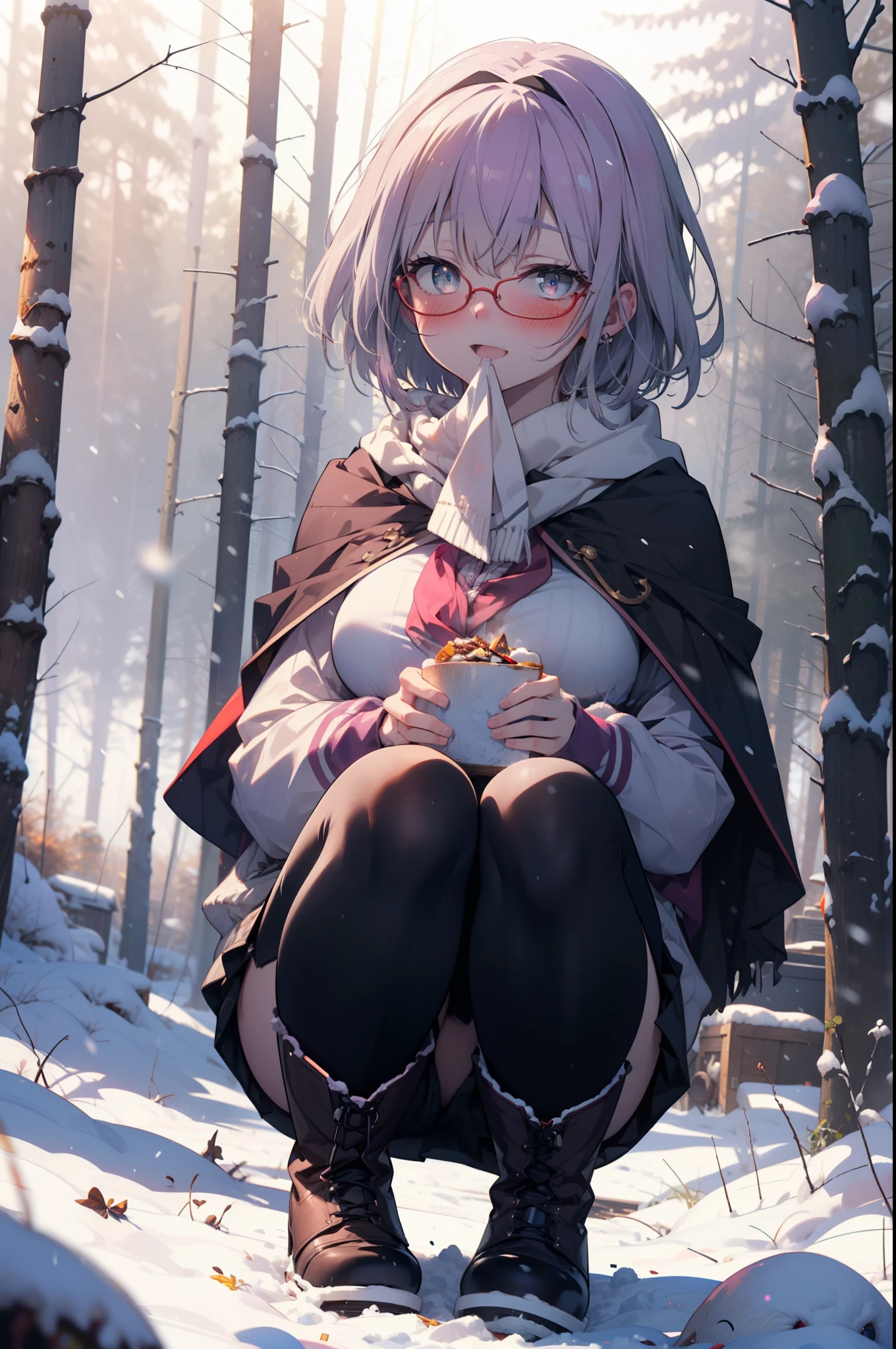 akaneshinjou, shinjou akane, Light purple hair, (Pink Eyes:1.2), short hair,Akagi Glasses,hair band,smile,blush,White Breath,Big Breasts,
Open your mouth,snow,Ground bonfire, Outdoor, boots, snowing, From the side, wood, suitcase, Cape, Blurred, having meal, forest, White handbag, nature, Squat, Mouth closed, Cape, winter, Written boundary depth, Black shoes, red Cape break looking at viewer, Upper Body, whole body, break Outdoor, forest, nature, break (masterpiece:1.2), Highest quality, High resolution, unity 8k wallpaper, (shape:0.8), (Beautiful and beautiful eyes:1.6), Highly detailed face, Perfect lighting, Highly detailed CG, (Perfect hands, Perfect Anatomy),