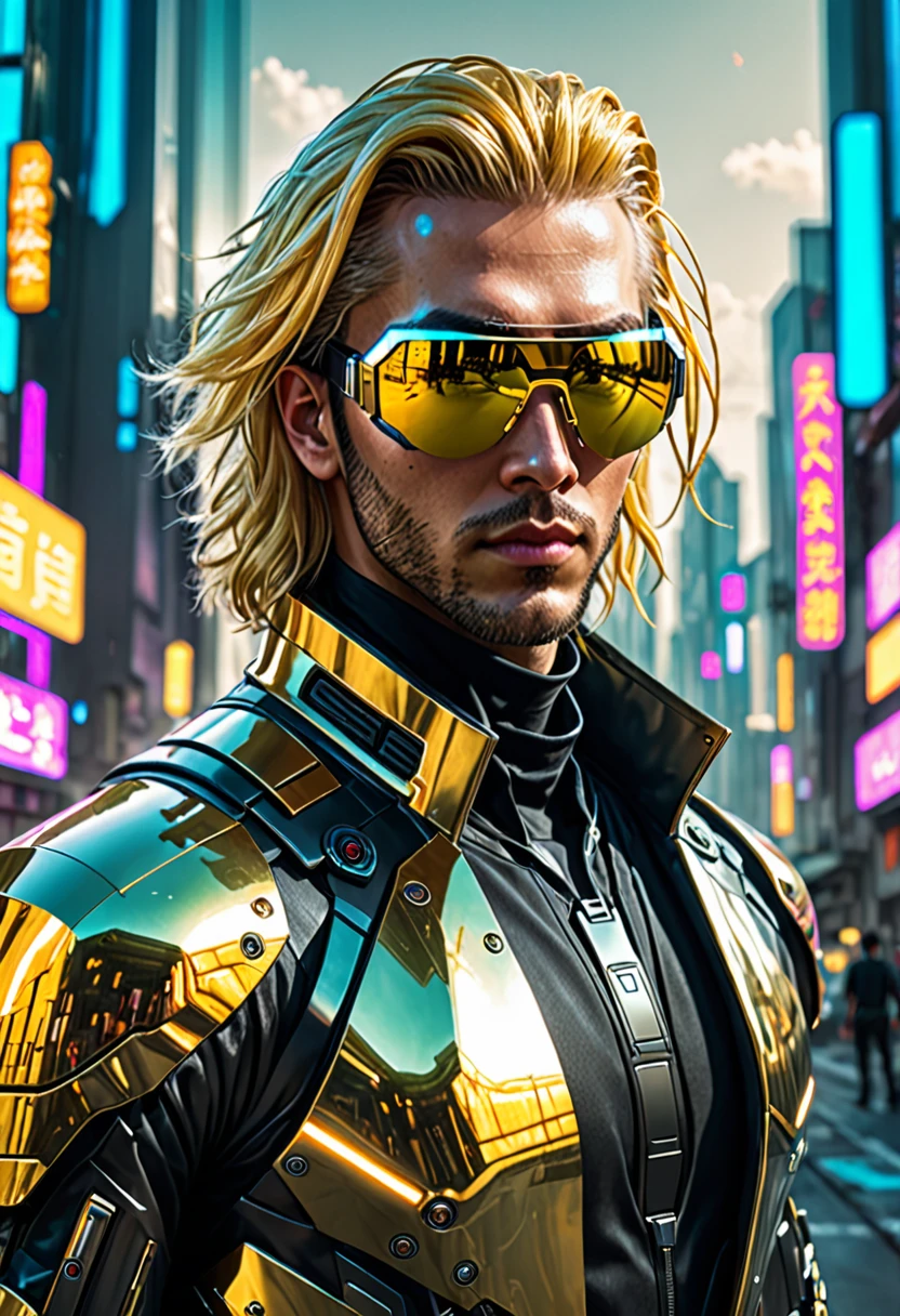 Cyberpunk cityscape、Wearing a futuristic suit、A handsome man with golden hair and futuristic sunglasses is looking at me.。