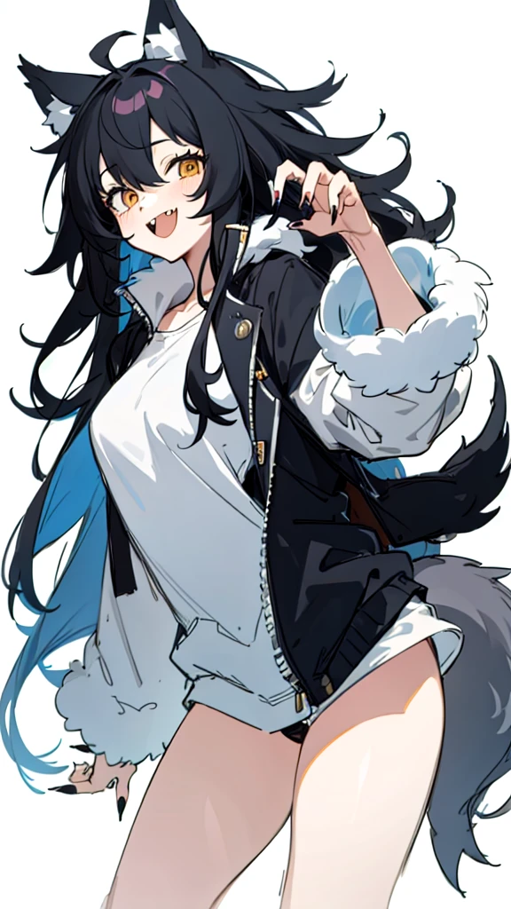 masterpiece, best quality, ultra-detailed, beautiful, nai3, 1girl, solo, smile, wolf girl, wolf ears, wolf tail, fluffy, messy hair, black hair, fangs, open mouth, :d, open jacket, claw pose, sharp fingernails, black nails, (moe artstyle:1.2), (scribble lineart1.2), (messy lineart:1.2), (sketch:1.3)