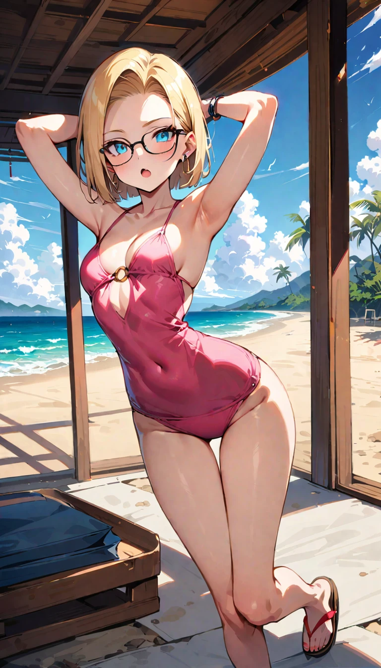(masterpiece, best quality:1.2), full body, solo, Android 18 from Dragon Ball, ((thigh gap)), small breasts, short blonde hair loose, ((blue eyes)), (wearing glasses), earrings on earlobes, slender feminine figure, skinny body, cleavage, light blush, chill, simple, cloudy sky, terrace, magnificent view, blur background, 4K, beautiful armpits, arms up behind, Japanese sandals, open mouth, pink bikini, beach