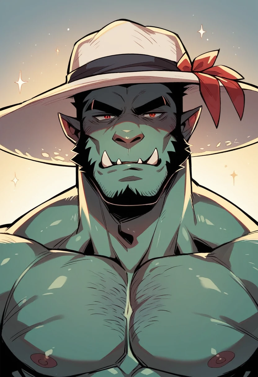 Red male tiger orc,high quality,Black wide-brimmed hat,Half-body view