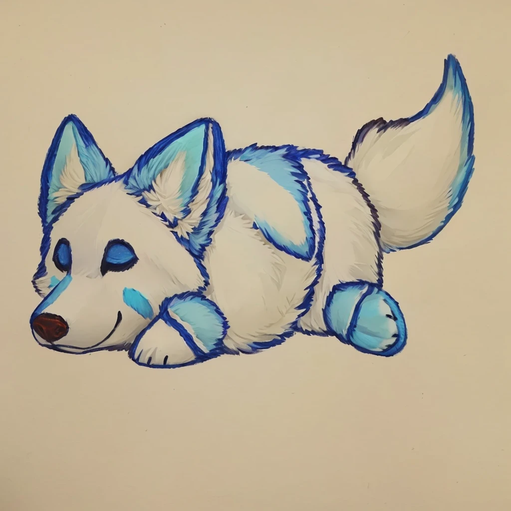 a drawing of a furry peluche of a blue colored wolf, laying down on a white surface, closed smile, high quality furry art, high quality furry ref, cute.