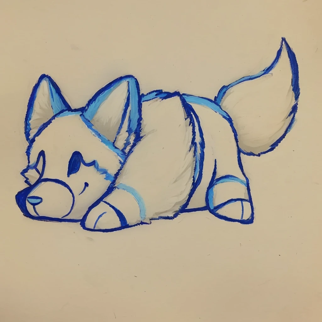 a drawing of a furry peluche of a blue colored wolf, laying down on a white surface, closed smile, high quality furry art, high quality furry ref, cute.