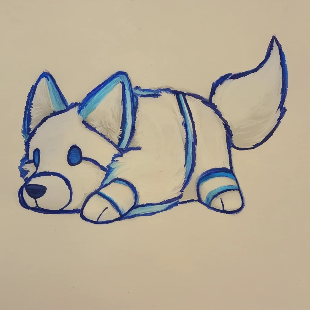 a drawing of a furry peluche of a blue colored wolf, laying down on a white surface, closed smile, high quality furry art, high quality furry ref, cute.