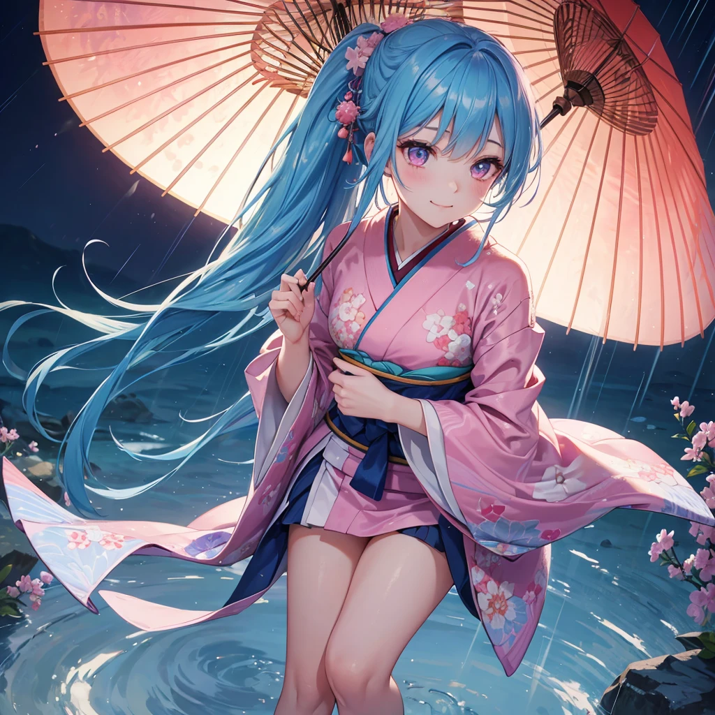 sky Blue hair, (braided ponytail),(pink eyes),fair skin ,(full body),(1 girl),smile,Straight Bangs,(masterpiece, best quality, ultra-detailed, best shadow), (detailed background), (beautiful detailed face), high contrast, (best illumination, an extremely delicate and beautiful), ((cinematic light)), colorful, hyper detail, dramatic light, intricate details,rain shower,kyoto,Japanese Umbrella,kimono,