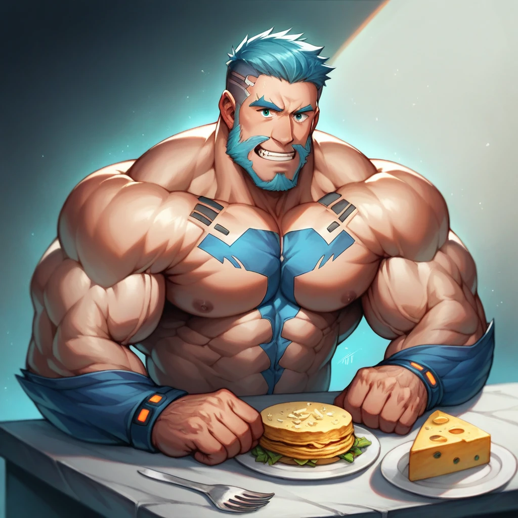 There is a man sitting at a table with a plate of ham and cheese., muscular character, amateur man, epic video game art, super realistic food image, epic digital art illustration, muscular characters, muscular male hero, male art, big biceps, big muscles, super polished and cool, muscular! cyberpunk, muscular werewolf, big muscles, epic digital painting, very fond, Unreal Engine 5, Photoshop, masterpiece, intrincate details, RTX, foodporn, too,
