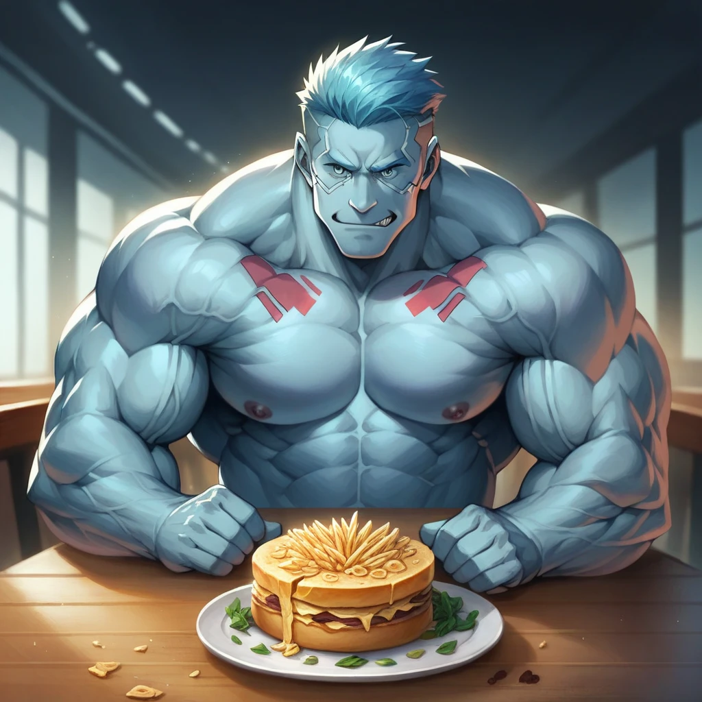 There is a man sitting at a table with a plate of ham and cheese., muscular character, amateur man, epic video game art, super realistic food image, epic digital art illustration, muscular characters, muscular male hero, male art, big biceps, big muscles, super polished and cool, muscular! cyberpunk, muscular werewolf, big muscles, epic digital painting, very fond, Unreal Engine 5, Photoshop, masterpiece, intrincate details, RTX, foodporn, too,