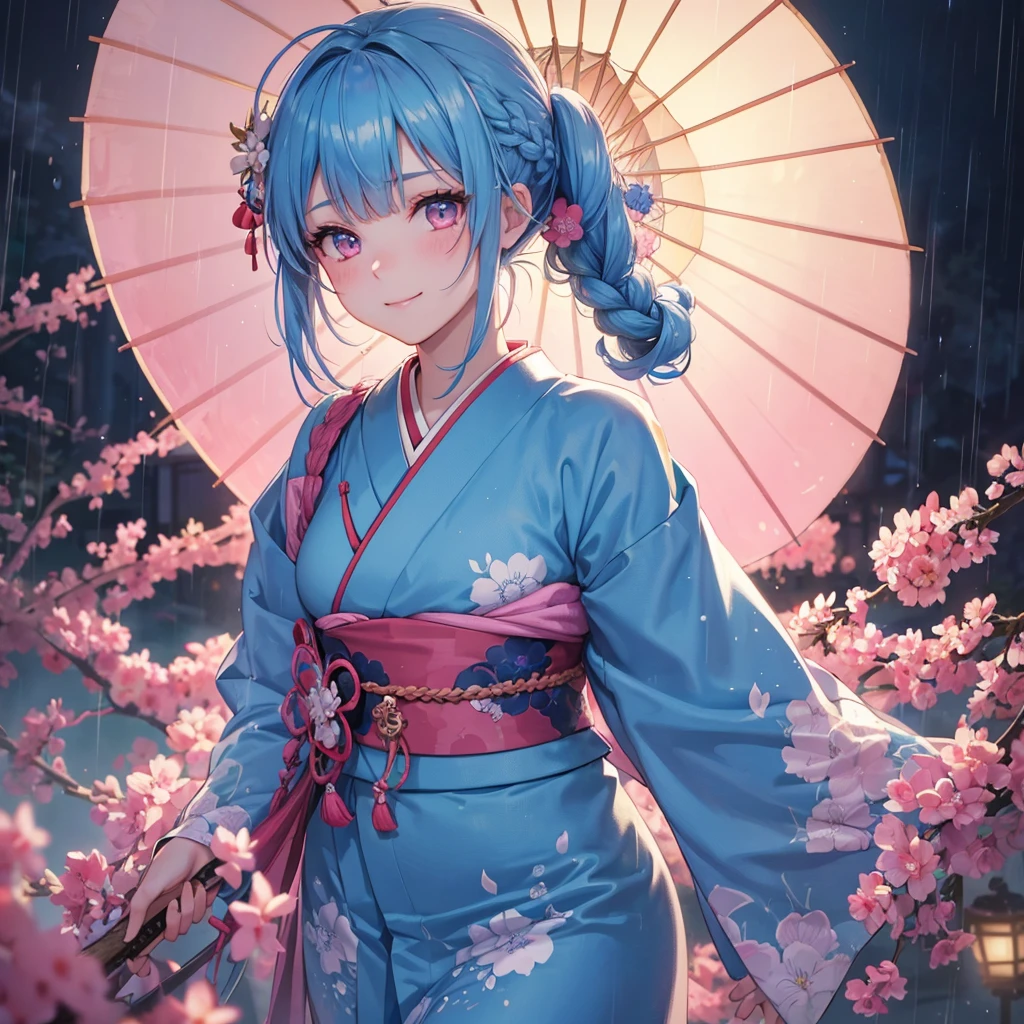 sky Blue hair, (braided ponytail),(pink eyes),fair skin ,(full body),(1 girl),smile,Straight Bangs,(masterpiece, best quality, ultra-detailed, best shadow), (detailed background), (beautiful detailed face), high contrast, (best illumination, an extremely delicate and beautiful), ((cinematic light)), colorful, hyper detail, dramatic light, intricate details,rain shower,kyoto,Japanese Umbrella,kimono,