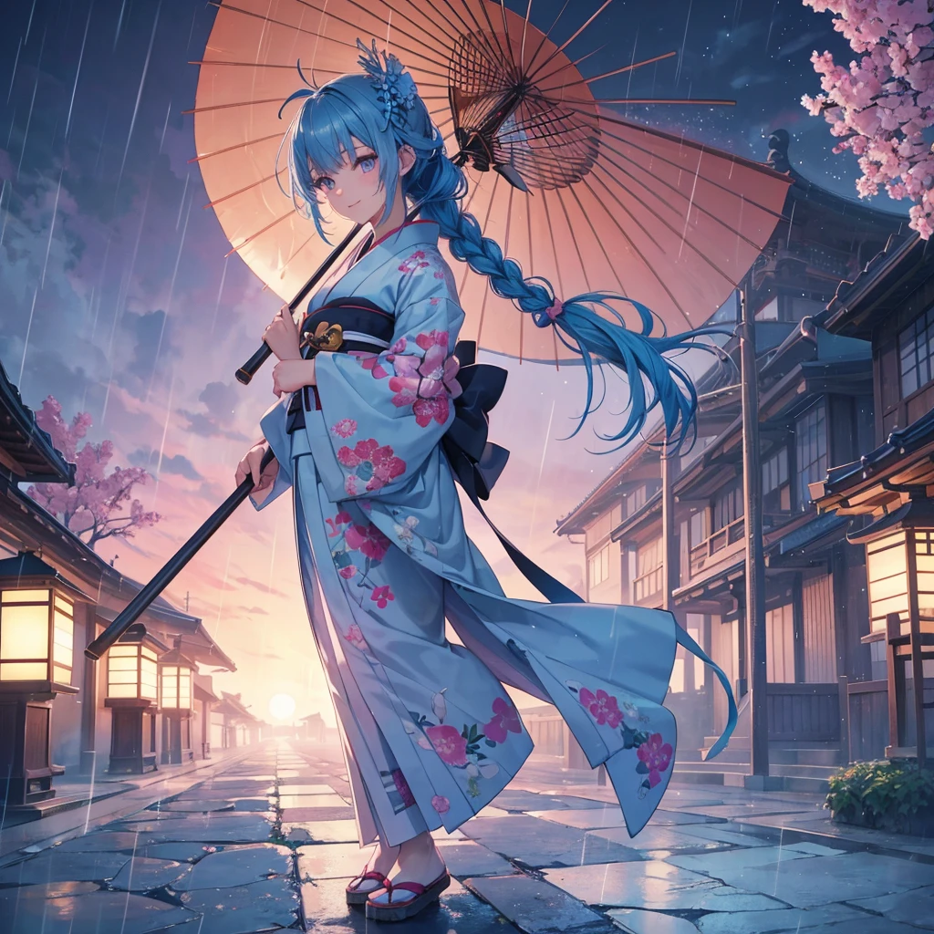 sky Blue hair, (braided ponytail),(pink eyes),fair skin ,(full body),(1 girl),smile,Straight Bangs,(masterpiece, best quality, ultra-detailed, best shadow), (detailed background), (beautiful detailed face), high contrast, (best illumination, an extremely delicate and beautiful), ((cinematic light)), colorful, hyper detail, dramatic light, intricate details,rain shower,kyoto,Japanese Umbrella,kimono,