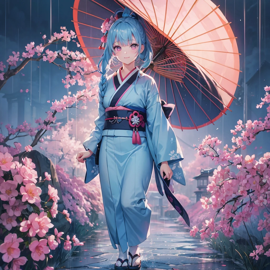 sky Blue hair, (braided ponytail),(pink eyes),fair skin ,(full body),(1 girl),smile,Straight Bangs,(masterpiece, best quality, ultra-detailed, best shadow), (detailed background), (beautiful detailed face), high contrast, (best illumination, an extremely delicate and beautiful), ((cinematic light)), colorful, hyper detail, dramatic light, intricate details,rain shower,kyoto,Japanese Umbrella,kimono,