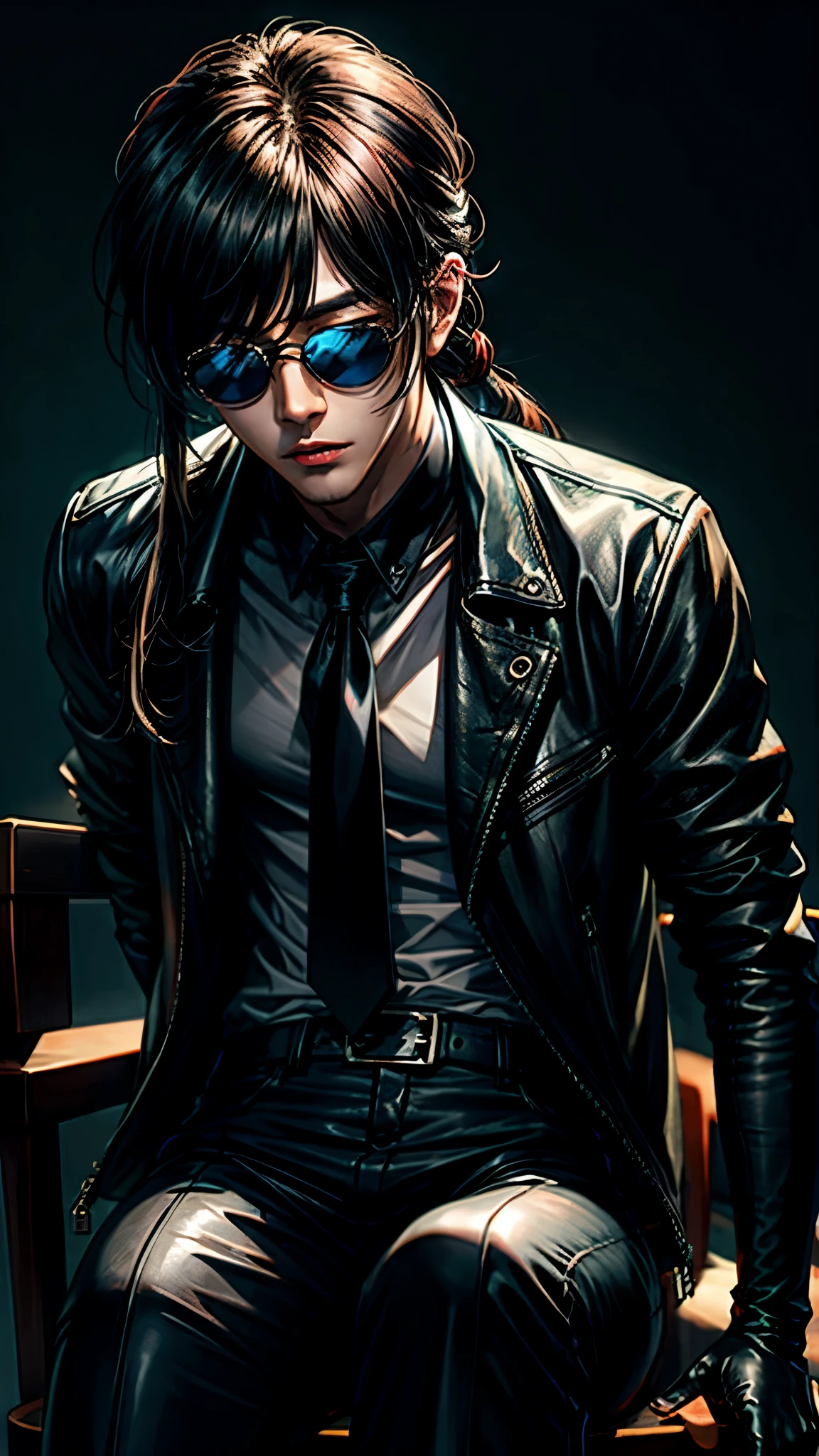 A stylish Korean man with long hair tied in a bun, wearing black round sunglasses, sitting on a chair in a dark setting, dynamic point of view, best quality, best color, very realistic, very detailed, dark clothes, very charismatic character, black leather gloves