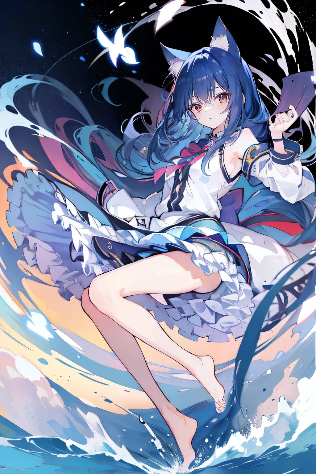 (masterpiece:1.2),Super detailed,lifelike,Expressive eyes,fair skin,perfect face shape,1 girl,
Japanese comics,Gorgeous blue hair,flowing blue hair,flowing clothes,Cat ears,Petals fall,beautiful lola,Baby Angel,sunrise,
Shaking head with one hand,Cross your legs,Gentle and peaceful background,The pavilion is cool and comfortable,smile, wearing hoodie, background of tokyo,back views,snowing, winter,seaside,wet clothes,A smile,A faint smile,。dark blue gradient hair,asymmetrical hair,((Hair is very thick 1.8,Chiseled hair 1.6)), Hair over the shoulders, Messy hair, Very long hair, shiny hair,(long dark blue hair:1.2),A beautiful girl,(Transparent clothes transparent 1.8),Perfect body,Big thin legs,slender,(Looks very sad,Looks haggard ,sadness,shut your mouth:1.2) Against the backdrop of an unusually bright dark starry sky,(Put your hands behind your back),(round,Room, Strong breasts),barefoot,float,water surface,(long legs,long legs,long legs,Complete)