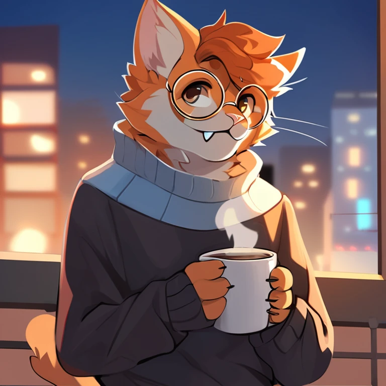 Solo, male, furry art, fursona, ((feline)), (((ginger primary fur))), white secondary, city background, amazing art, masterfully executed, beautiful background, normal body, paws, ginger cat, sweater, pants, coffee, handsome, fangs, cool hair, round glasses