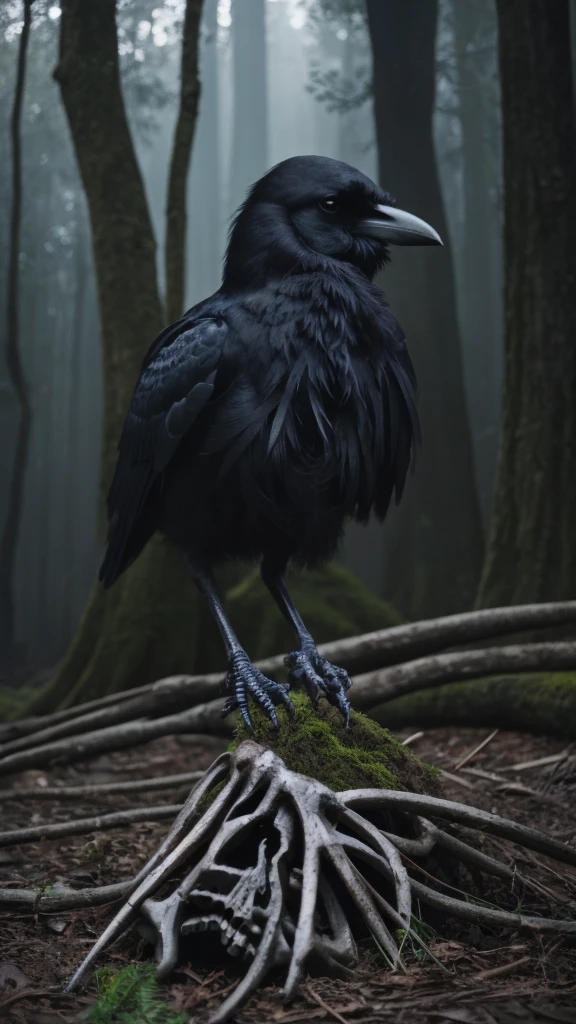 The crow: A black crow, with brilliant plumage, with piercing eyes and an air of mystery as he perches on a pile of skulls.
The Skulls: Several human skulls, arranged in a natural and artistic way around the crow. They may vary in size and state of preservation, some with traces of earth or moss.
lighting: soft lighting, perhaps coming from diffused light or a beam of light filtering through shadowy trees. This creates interesting shadows and highlights the details of the skulls and the crow..
enviroment: A dark and desolate environment, perhaps a dense forest setting or an abandoned cemetery, adding an air of desolation and mystery to the scene.
atmosphere: A light fog or mist around the skulls can intensify the sense of mystery and intrigue, while the raven adds an element of life and movement contrasting with the death represented by the skulls.
composition: The scene can be composed to create an interesting visual balance between the crow, the skulls and the surrounding environment, perhaps with a viewing angle that highlights the contrast between the black bird and the white skulls.
Additional Detail: Small details like dry leaves, Sticks or other forms of dead flora can be added around the skulls to enrich the macabre atmosphere of the image..
