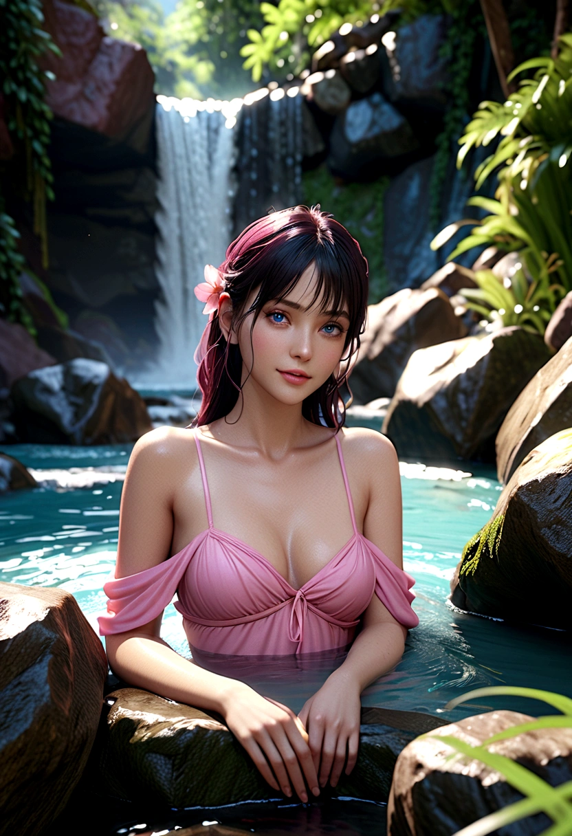 A very beautiful girl happily bathes beside a cool waterfall,Pink skin,blue eyes,Dark hair,Delicate face,Meticulous body,Realistic Model,Highly detailed natural scenery,CGI 8k resolution